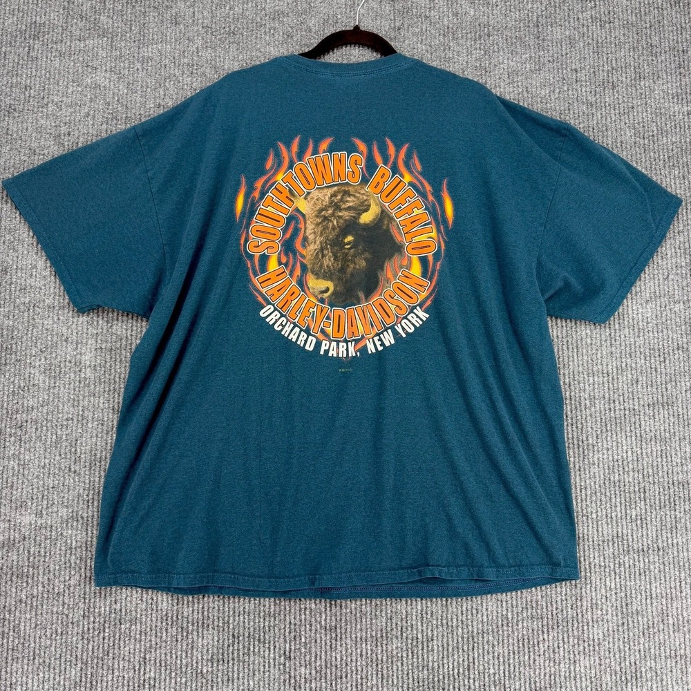 Harley-Davidson flames buffalo graphic t shirt 3XL biker grunge faded teal 2012